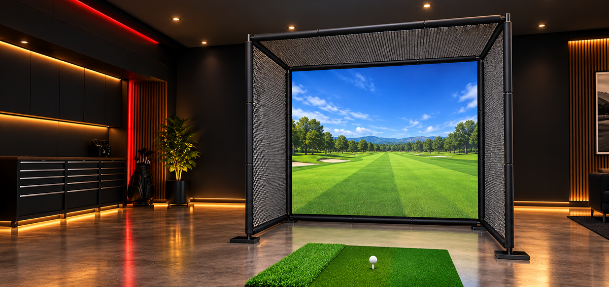 YUNIC Golf metal frame driving cage with simulator impact screen in a home practice studio